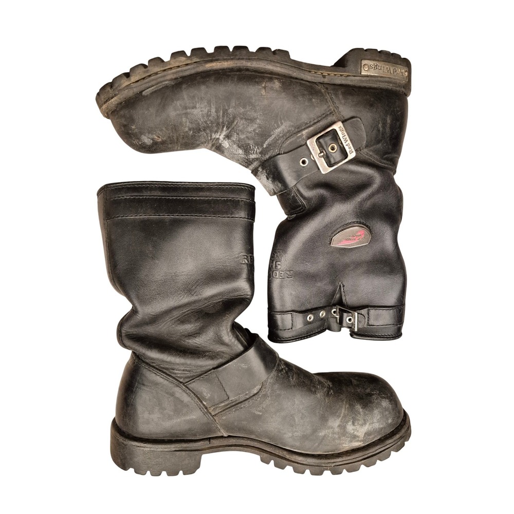 Red Wing Shoes Black Leather Engineer Mens Lug #988 Buckle Moto Work Boots 10 D